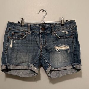 American Eagle Women’s Blue Medium Wash Mid-Rise Distressed Denim Shorts